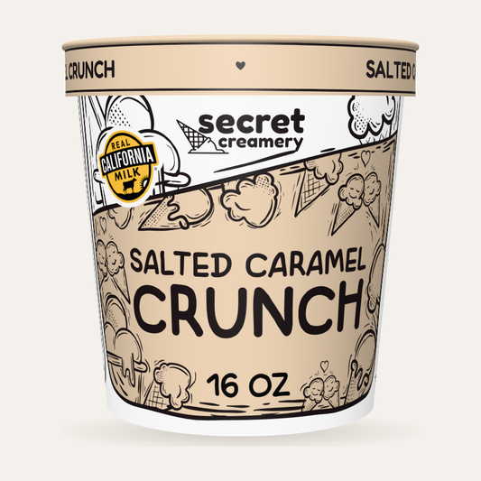 Secret Creamery Salted Caramel Crunch 16 oz pint — super premium ice cream — front