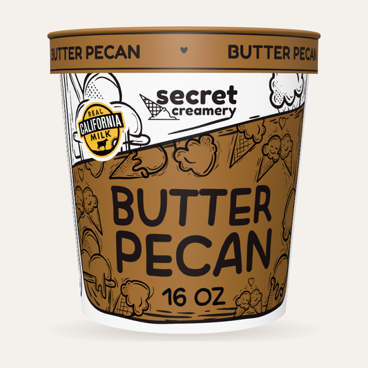 Secret Creamery Butter Pecan 16 oz pint — super premium ice cream — front