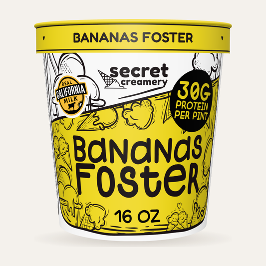 Secret Creamery Bananas Foster — High Protein 16 oz pint — high protein ice cream (30g protein) — front